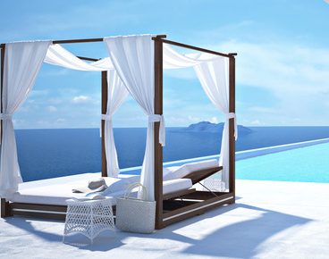 A luxury swimming pool in santorini. 3d rendering