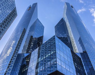 View of Societe Generale headquarter (SG) in La Defense district. Societe Generale is a French multinational banking and financial services company. PARIS, FRANCE. November 12, 2014.