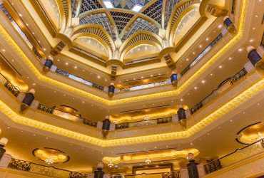 ABU DHABI, UAE - MARCH 16: Dome decoration in Emirates Palace ho ABU DHABI, UAE - MARCH 16: Dome decoration in Emirates Palace hotel on March 16, 2012. This is a luxurious and the most expensive 7 star hotel designed by renowned architect, John Elliott RIBA.